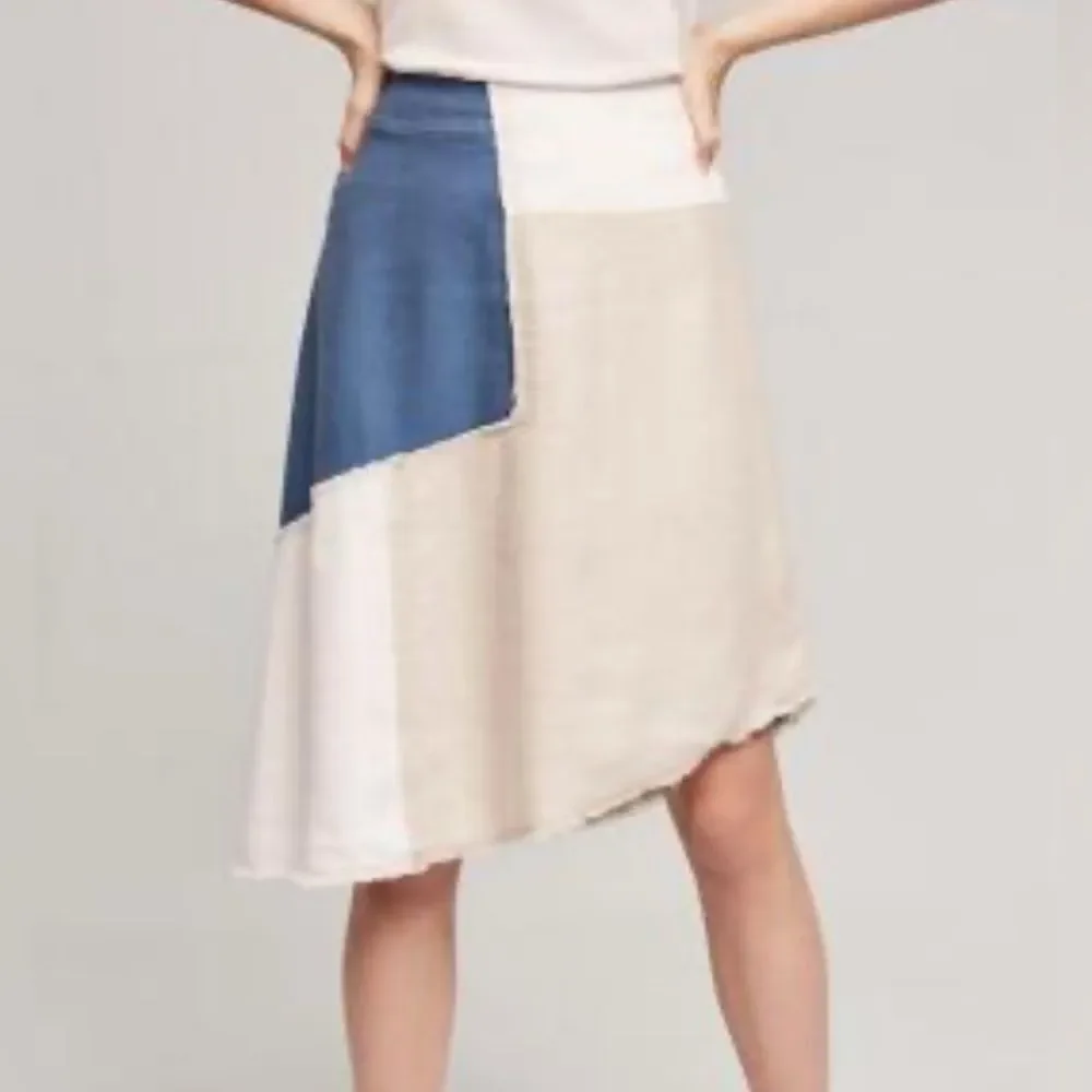Anthropologie Holding Horses Frida Patchwork Asymmetric White, Blue Skirt Sz 8